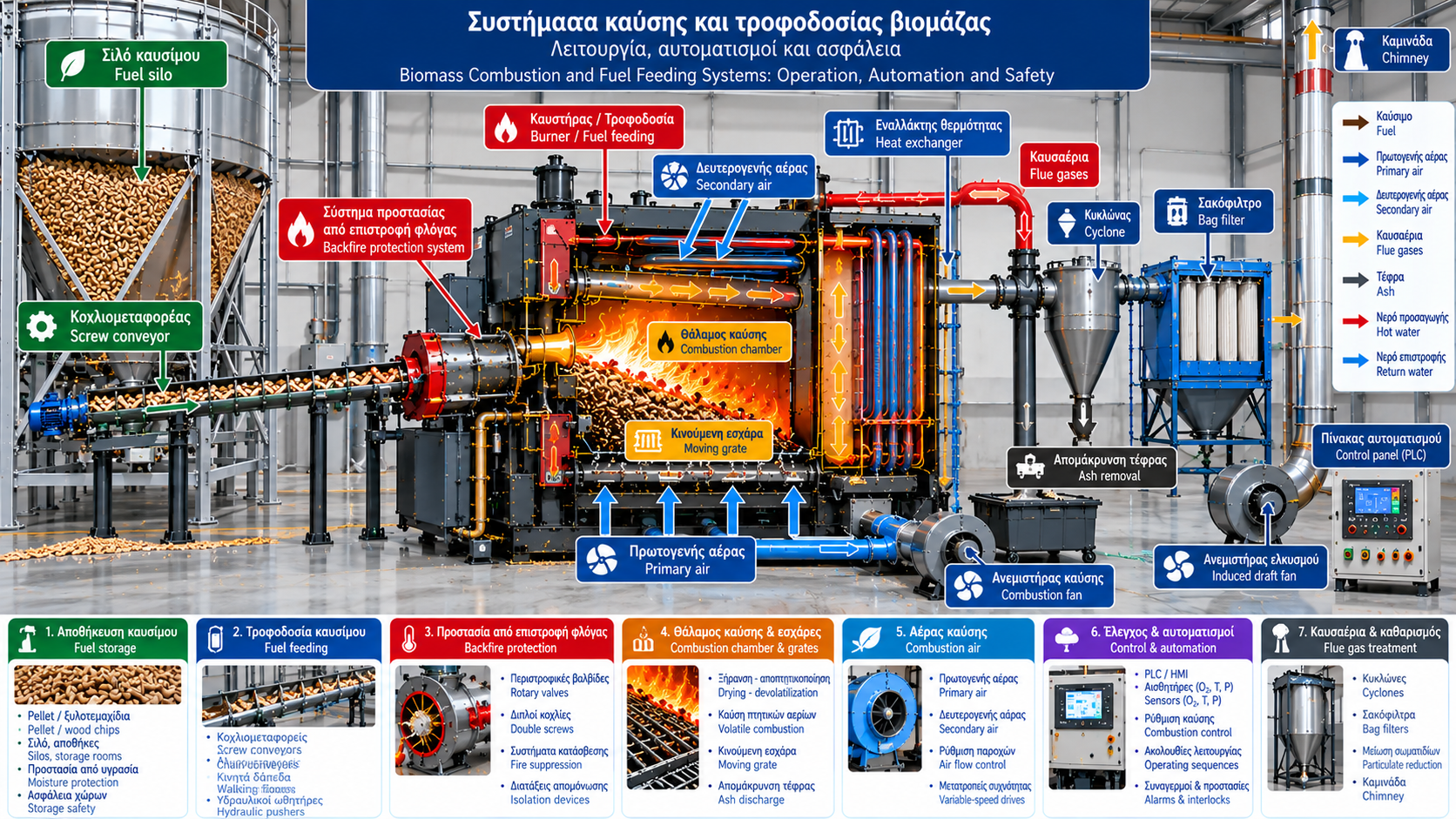 Technical illustration of an industrial biomass combustion and fuel feeding system with fuel silo, screw conveyor, backfire protection, combustion chamber, grate, combustion air supply and automation.