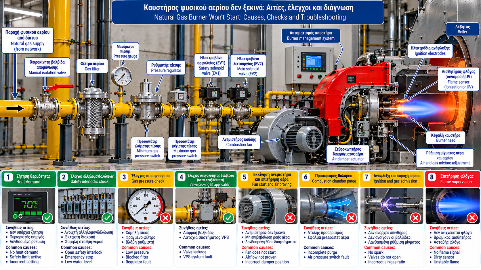 Technical infographic showing troubleshooting of an industrial natural gas burner that fails to start, including gas train, pressure switches, solenoid valves, combustion fan, ignition electrodes, flame sensor and burner startup sequence.