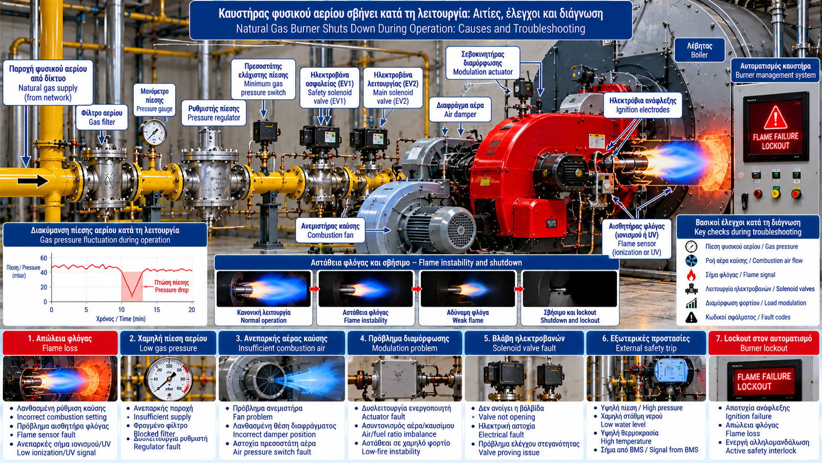Technical infographic showing an industrial natural gas burner shutting down during operation, with flame sensor, gas pressure regulator, pressure switches, combustion fan, load modulation and burner lockout diagnostics.