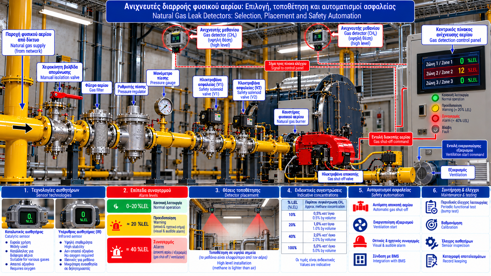 Technical infographic of methane leak detection in an industrial boiler room, showing strategically positioned natural gas detectors, a central control panel, %LEL readings, alarm signals and an automatic gas shut-off valve.