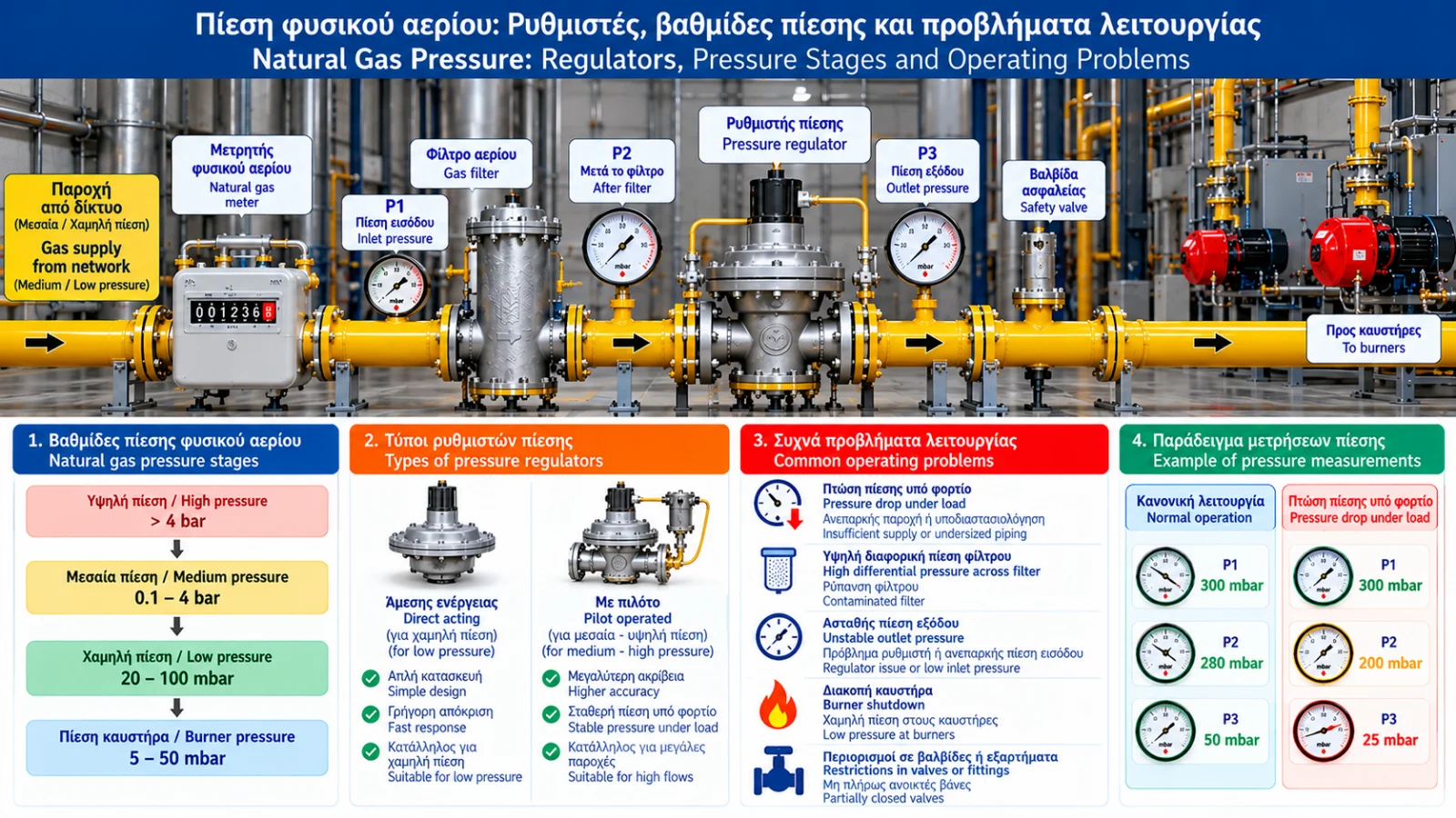 Τεχνικό infographic ρύθμισης πίεσης φυσικού αερίου σε βιομηχανικό Gas Train, με τομή ρυθμιστή διαφράγματος, πιέσεις εισόδου P1 και εξόδου P2, καμπύλη pressure droop, προστασία slam-shut και διαγνωστικά προβλήματα πίεσης.