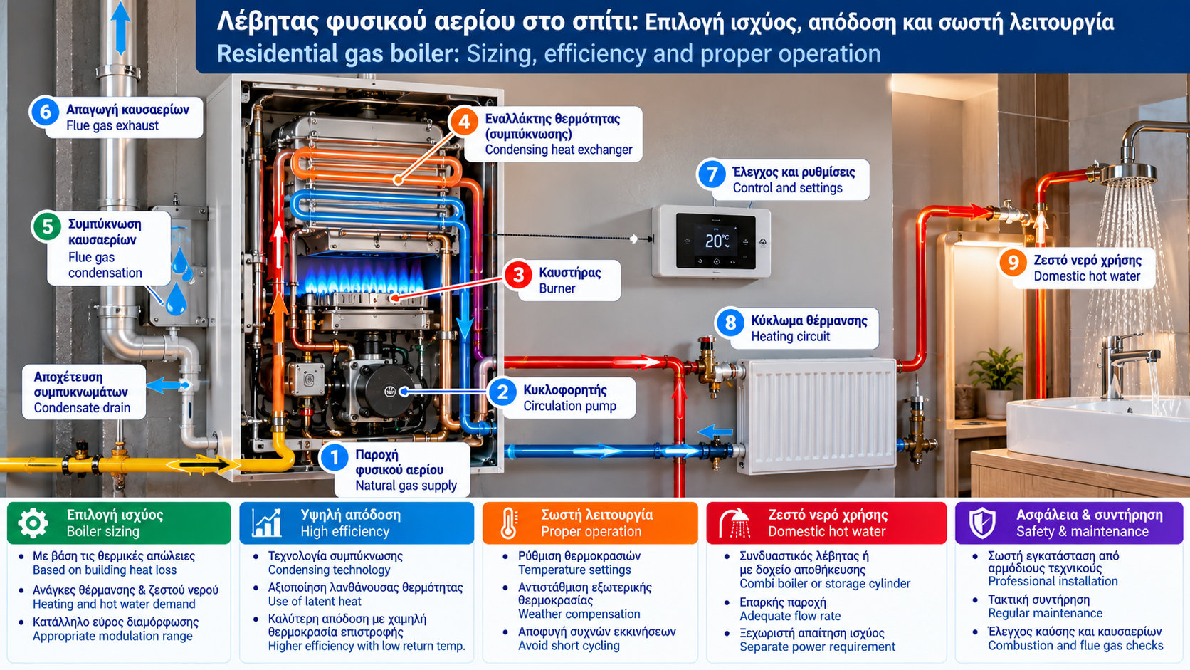 Τεχνικό infographic οικιακού λέβητα φυσικού αερίου συμπύκνωσης με τομή εναλλάκτη θερμότητας, καυστήρα, κυκλοφορητή, κύκλωμα θέρμανσης, παραγωγή ζεστού νερού και απαγωγή καυσαερίων.