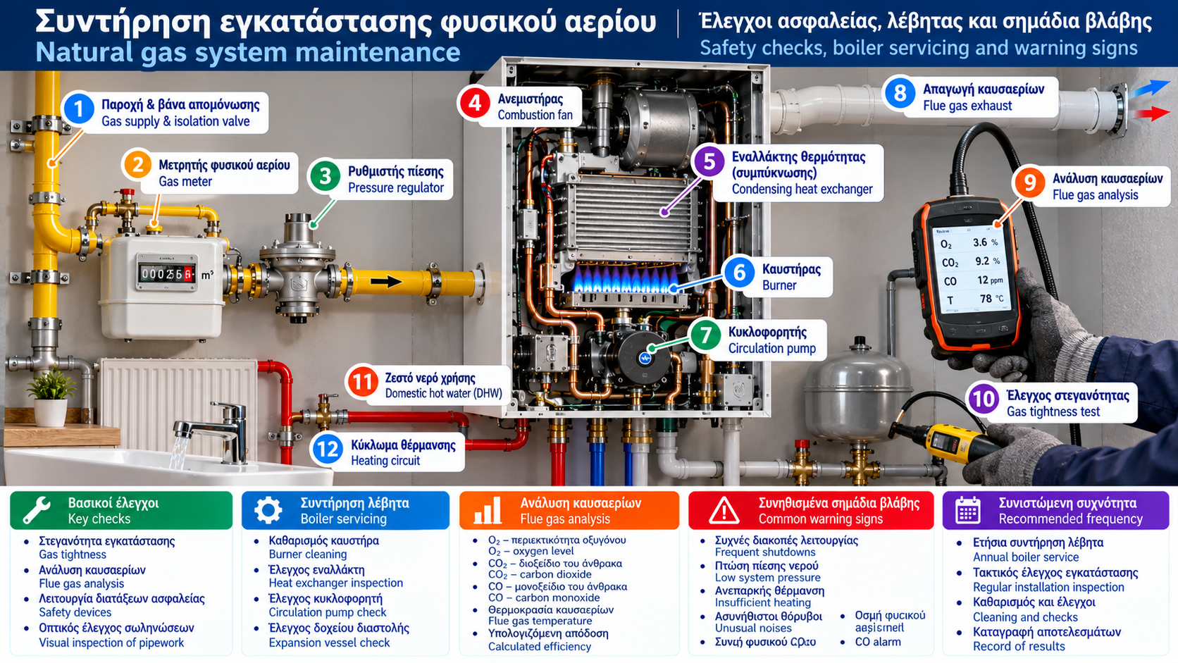 Συντήρηση εγκατάστασης φυσικού αερίου: Έλεγχοι ασφαλείας, λέβητας και σημάδια βλάβης
