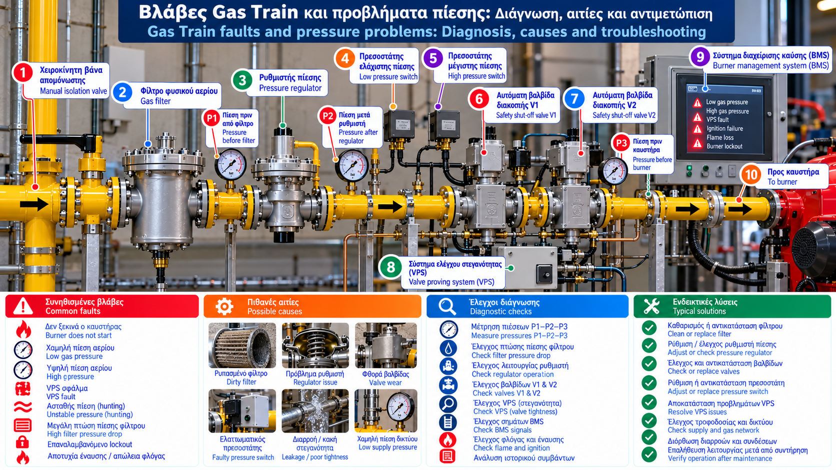 Photorealistic technical infographic showing industrial natural gas train troubleshooting with gas filter, pressure regulator, pressure switches, V1 and V2 safety valves, VPS, pressure gauges and BMS alarm indications.