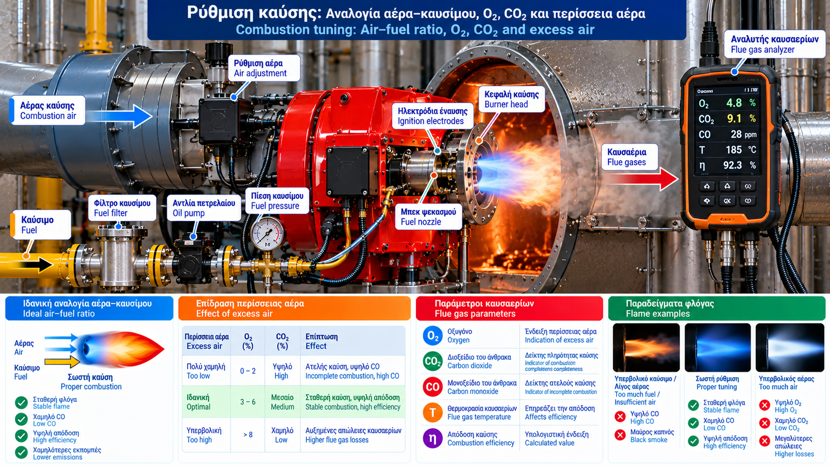 Technical combustion tuning infographic featuring a photorealistic burner, combustion air and fuel flow, flue gas analyzer, and bilingual O2, CO2, CO and excess air labels.