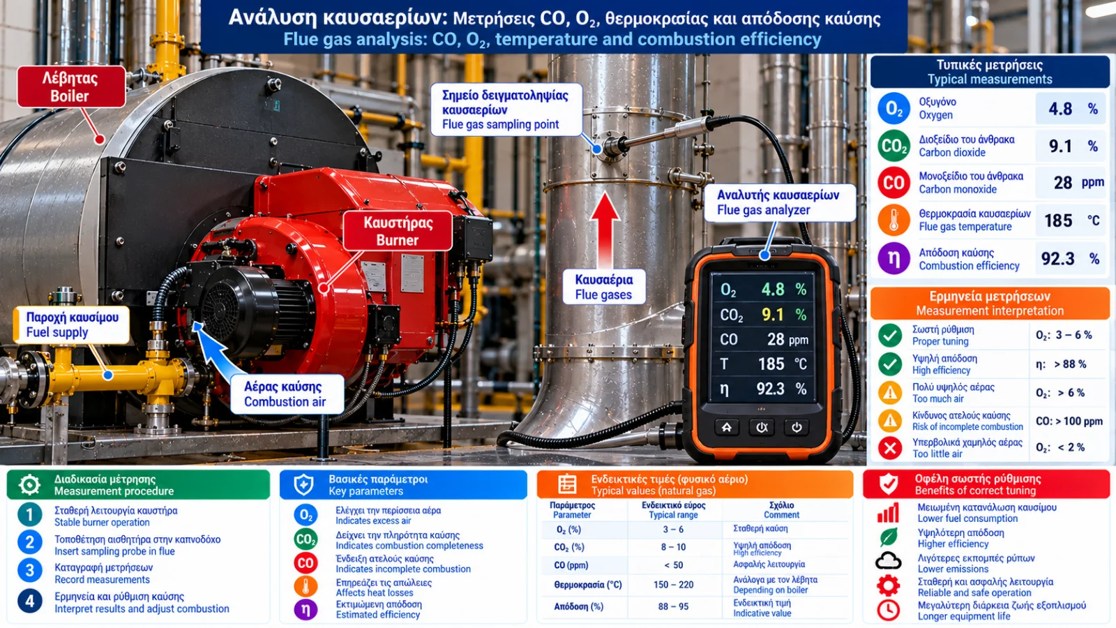 Τεχνικό infographic ανάλυσης καυσαερίων με φωτορεαλιστικό λέβητα, καυστήρα, αισθητήρα δειγματοληψίας στην καπνοδόχο και αναλυτή που εμφανίζει O₂, CO, CO₂, θερμοκρασία καυσαερίων και εκτιμώμενη απόδοση.