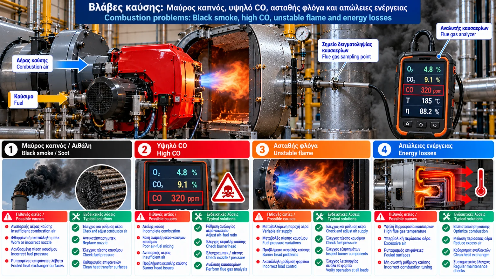 Photorealistic combustion troubleshooting infographic showing a boiler burner, black soot smoke, unstable flame, a flue gas analyzer with elevated CO readings and key diagnostic inspection points.