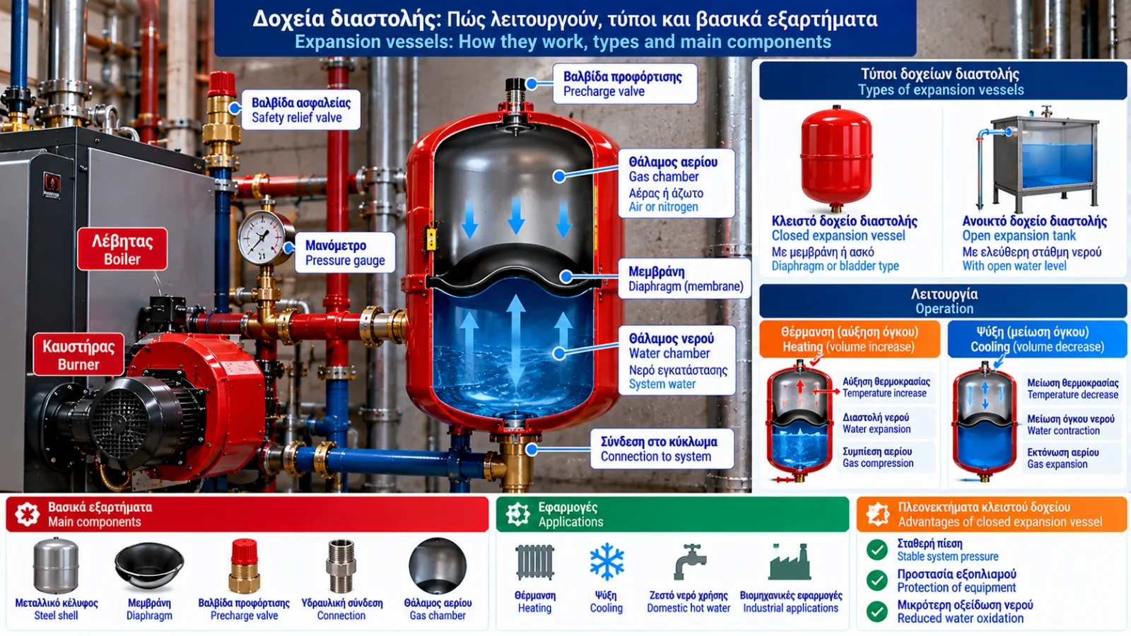 Photorealistic technical cutaway of a diaphragm expansion vessel showing the gas chamber, water chamber, flexible diaphragm, precharge valve and connection to a hydronic heating system, with bilingual Greek and English labels.