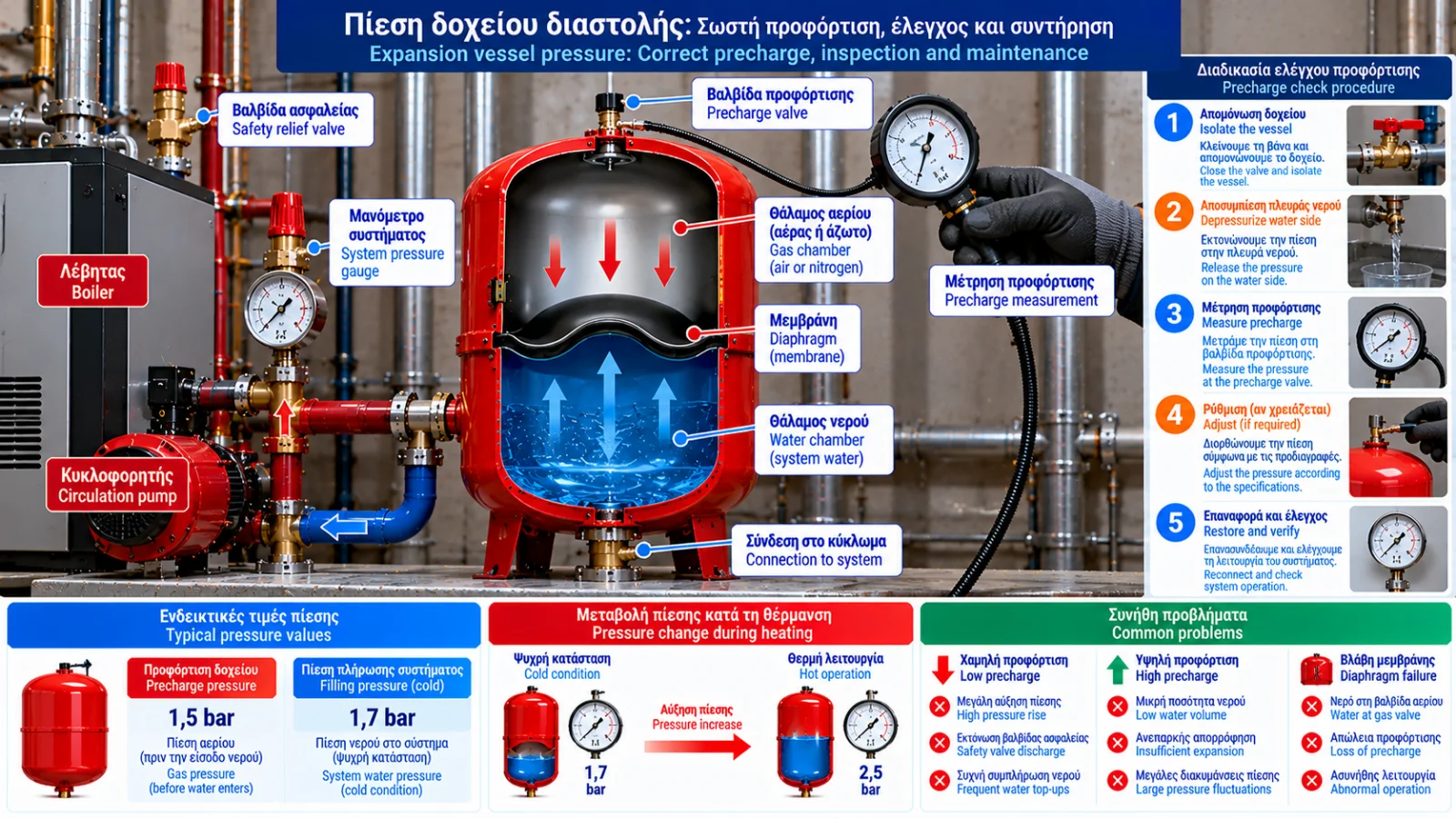 Photorealistic technical infographic of expansion vessel precharge pressure inspection, showing a red diaphragm vessel cutaway, gas pressure gauge, precharge valve and heating system connection with Greek and English labels.