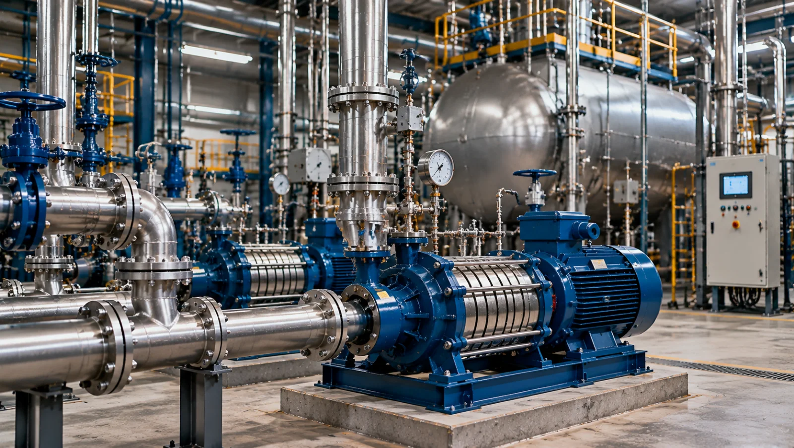 Industrial multistage boiler feedwater pumps with stainless steel piping and control panel – Thermosphere Volume 04
